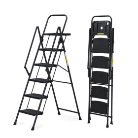 5-step ladder, foldable step stool with tool tray and wide non slip pedals, sturdy steel ladder, convenient handrails